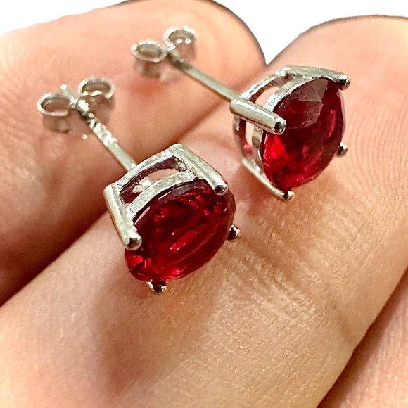 Red Ruby 925 Sterling Silver Stud Earrings for Women 6MM lab-created Ruby Studs - Picture 1 of 10